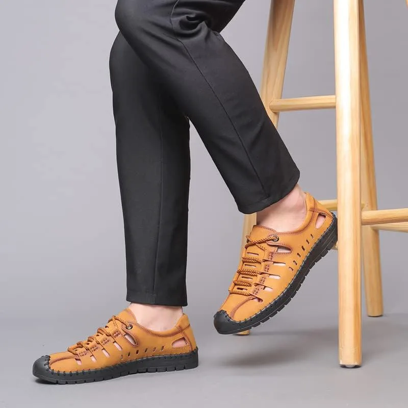 

Мужские летние сандалии SAFECAMS с закрытым носком, шнуровкой, для активного отдыха и рыбалки, кожаные, дышащие, противоскользящие, пляжные мокасины, черный