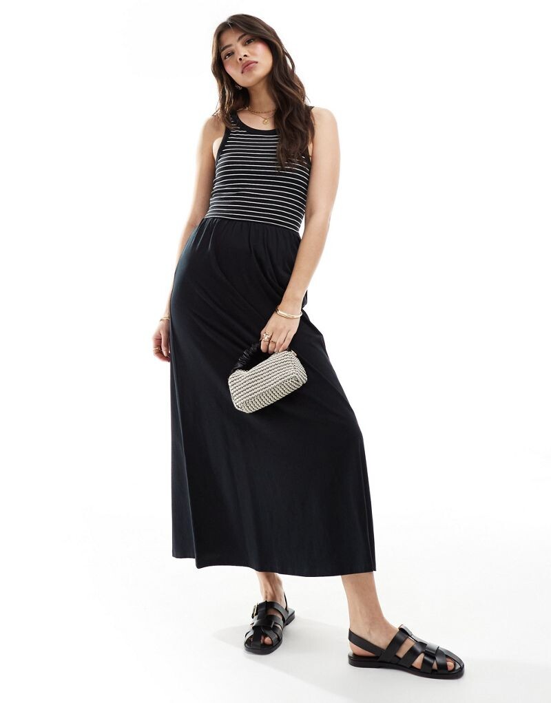 

Черное платье миди с полосками и майкой ASOS DESIGN