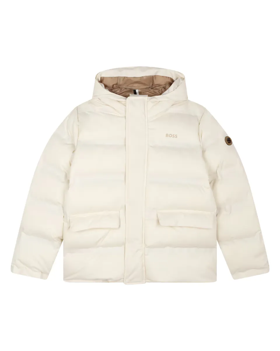 

Пуховик для мальчика с капюшоном и карманами с клапанами BOSS Kidswear, цвет Natural