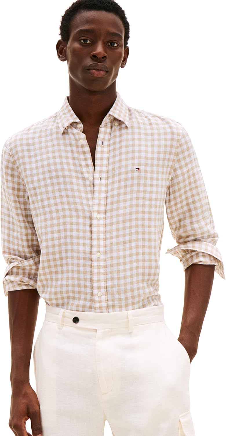 

Мужские повседневные льняные рубашки Tommy Hilfiger с длинным рукавом и застежкой на пуговицы, классический крой, Sandalwood / Check