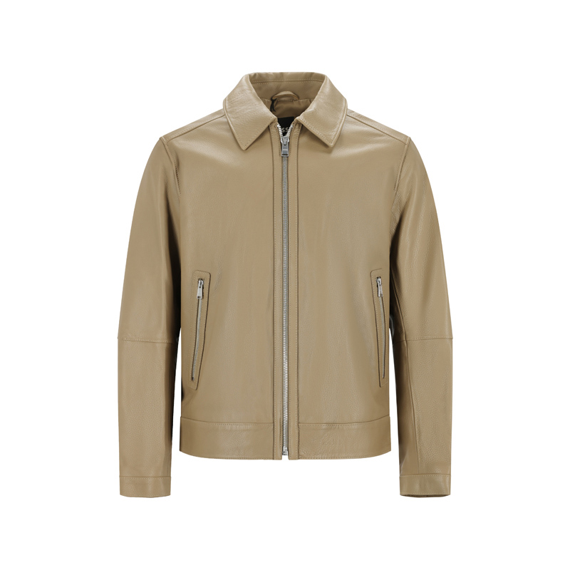 

Hugo Boss Мужская кожаная куртка, оливково-зеленый цвет, с умеренным воротником