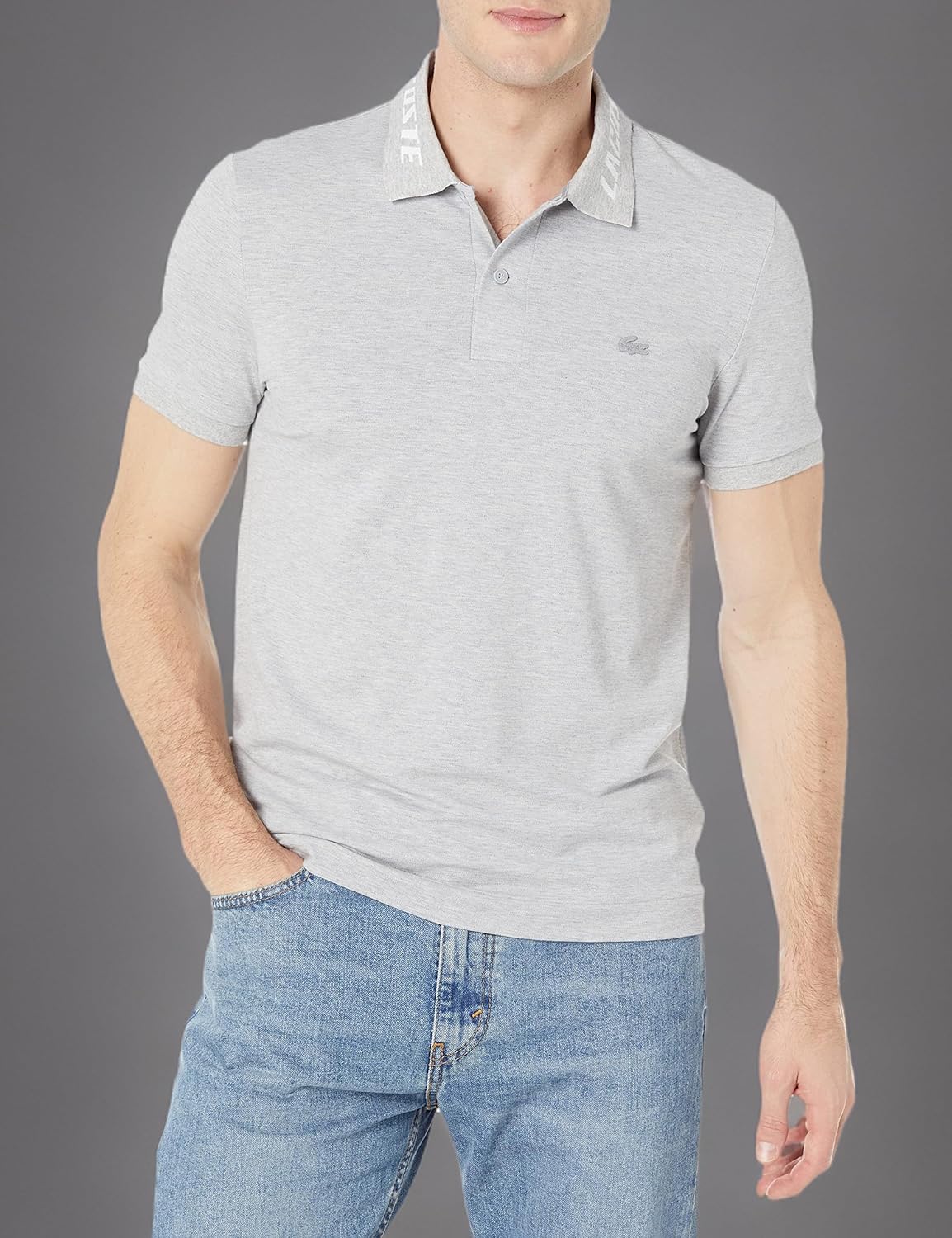 Lacoste мужская короткая рубашка с коротким рукавом и воротником в стиле жаккард, Silver Chine — фото 3