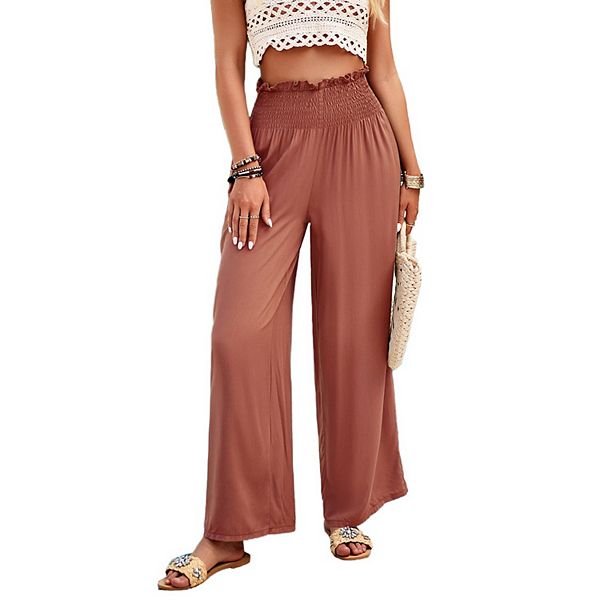 

Женские палаццо брюки - высокие широкие пляжные штаны, свободные летние брюки с карманами Seoria, Brown
