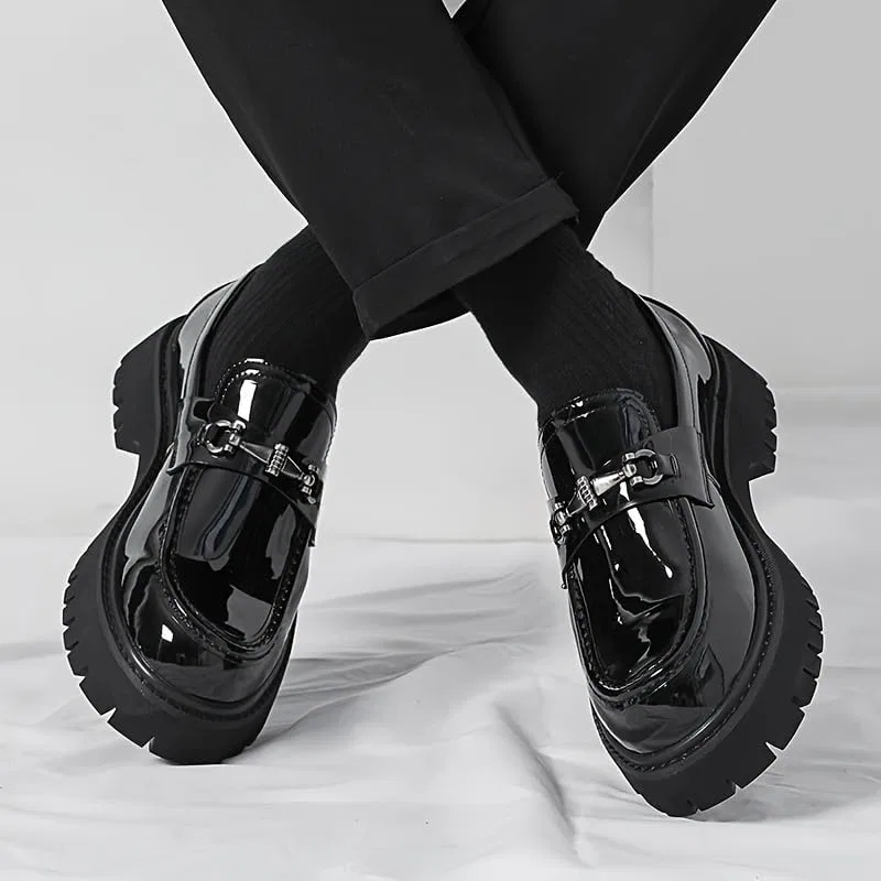 Лоферы мужские классические, глянцевые, на толстой подошве, Bright Black FmShi — фото 4