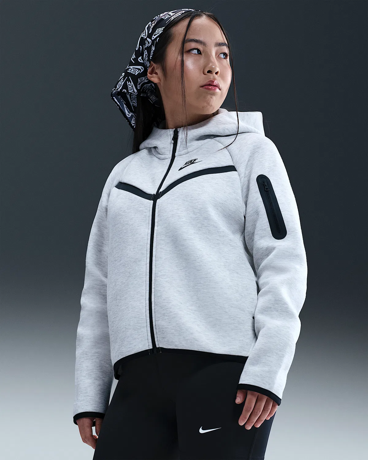 Детская худи на молнии (удлиненный размер) Nike Sportswear Tech Fleece, Light Grey/Heather/Black/Black