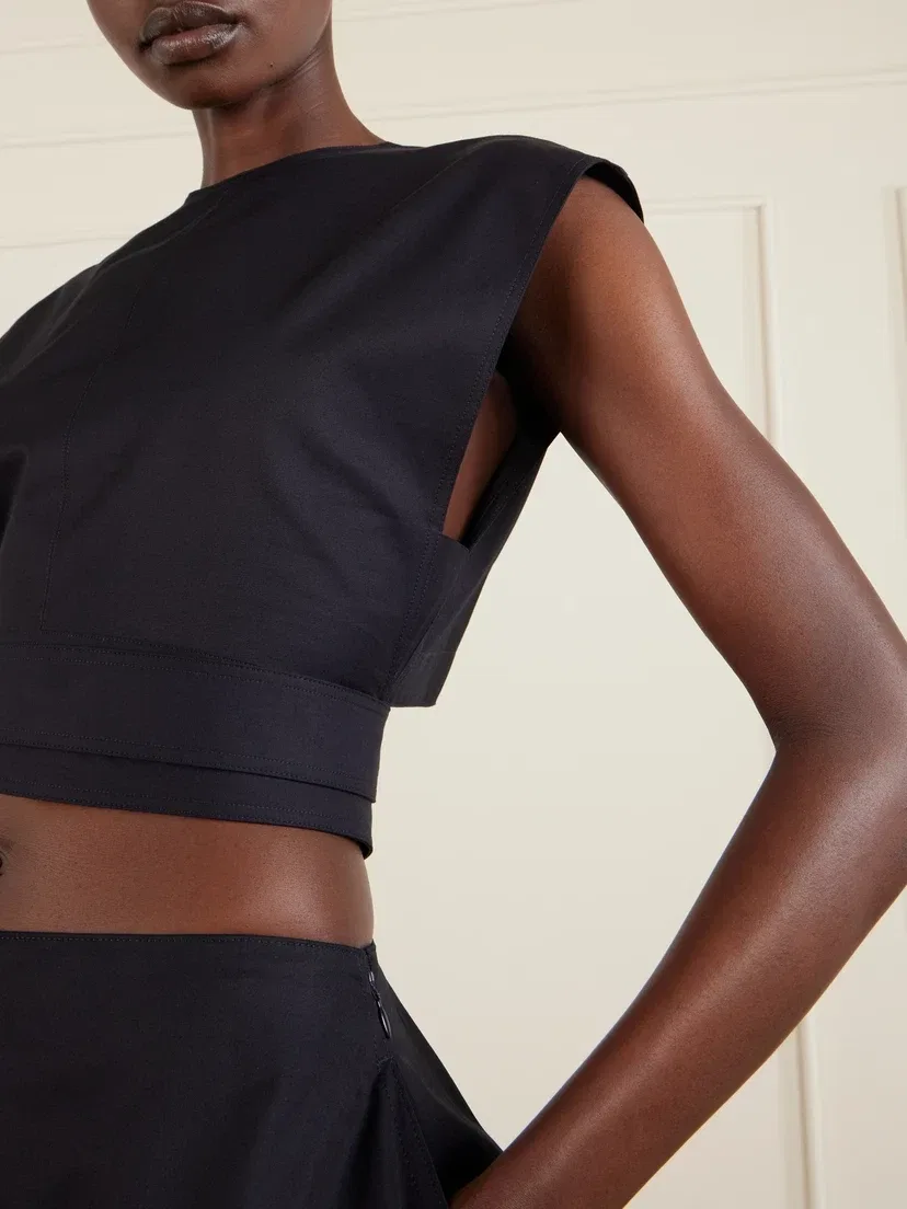 Укороченный топ из хлопкового габардина с поясом Alaïa, синий — фото 4