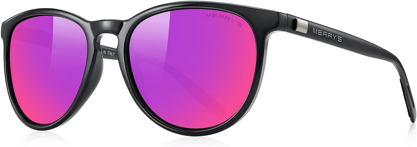 

Поляризованные солнцезащитные очки MERRY'S для женщин и мужчин, винтажный ретро-классический стиль, круглая оправа, алюминиевые дужки, модель S8288, Black Frame/Red Purple Mirror Lens/Black Temples