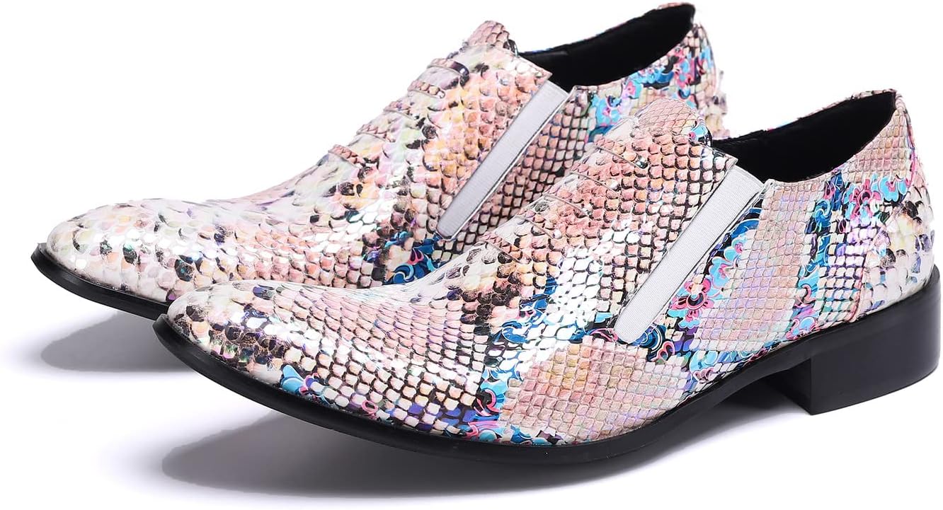 Мужские лоферы Santimon Slip On - деловые и повседневные туфли из кожи с принтом под змею, удобные мокасины для вечеринки, диско, смокинга и свадьбы, Flamingo