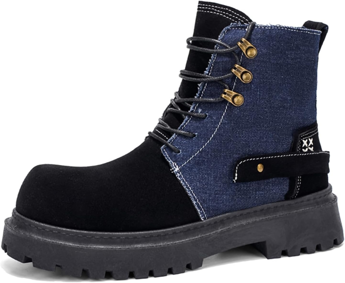 

Мужские джинсовые и замшевые ботинки на щиколотку с золотистыми люверсами и боковой молнией, прочная подошва с хорошим сцеплением для повседневного ношения на улице Kelibasi