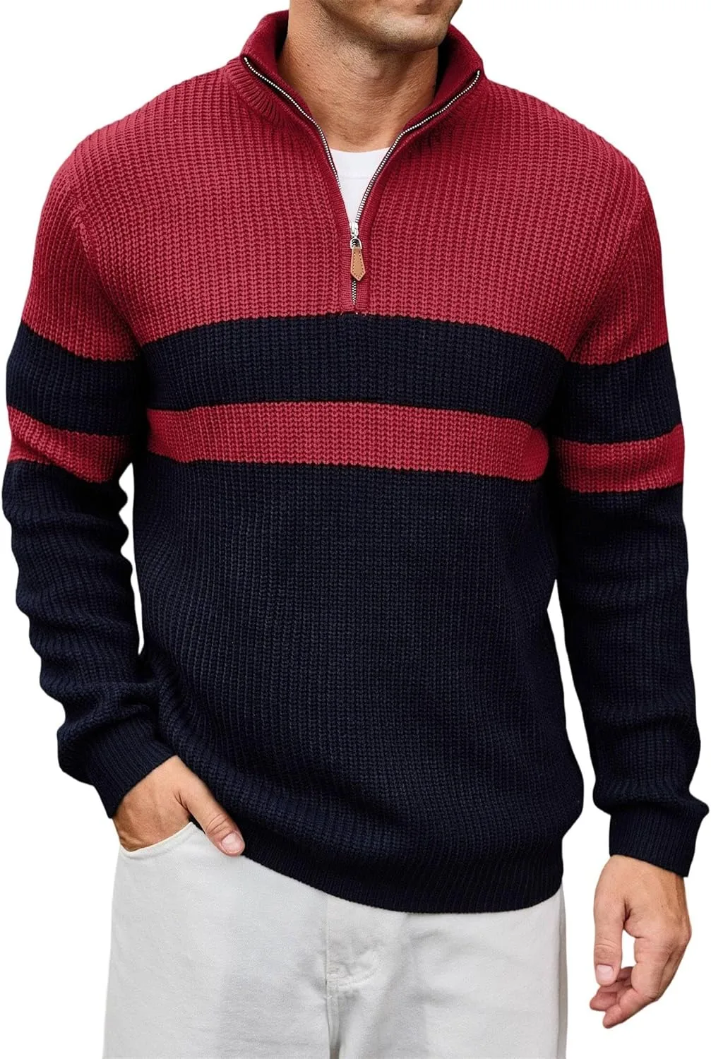 

Мужской свитер Lexiart с воротником-стойкой и молнией на четверть, цветной блок, ребристая вязка