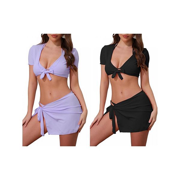 

2 комплекта женского бикини с узлом-галстуком и топом-халтером, 4 предмета: комплект с короткими рукавами и треугольными шортами Inspire Chic, Black Light Violet, Черный, 2 комплекта женского бикини с узлом-галстуком и топом-халтером, 4 предмета: комплект