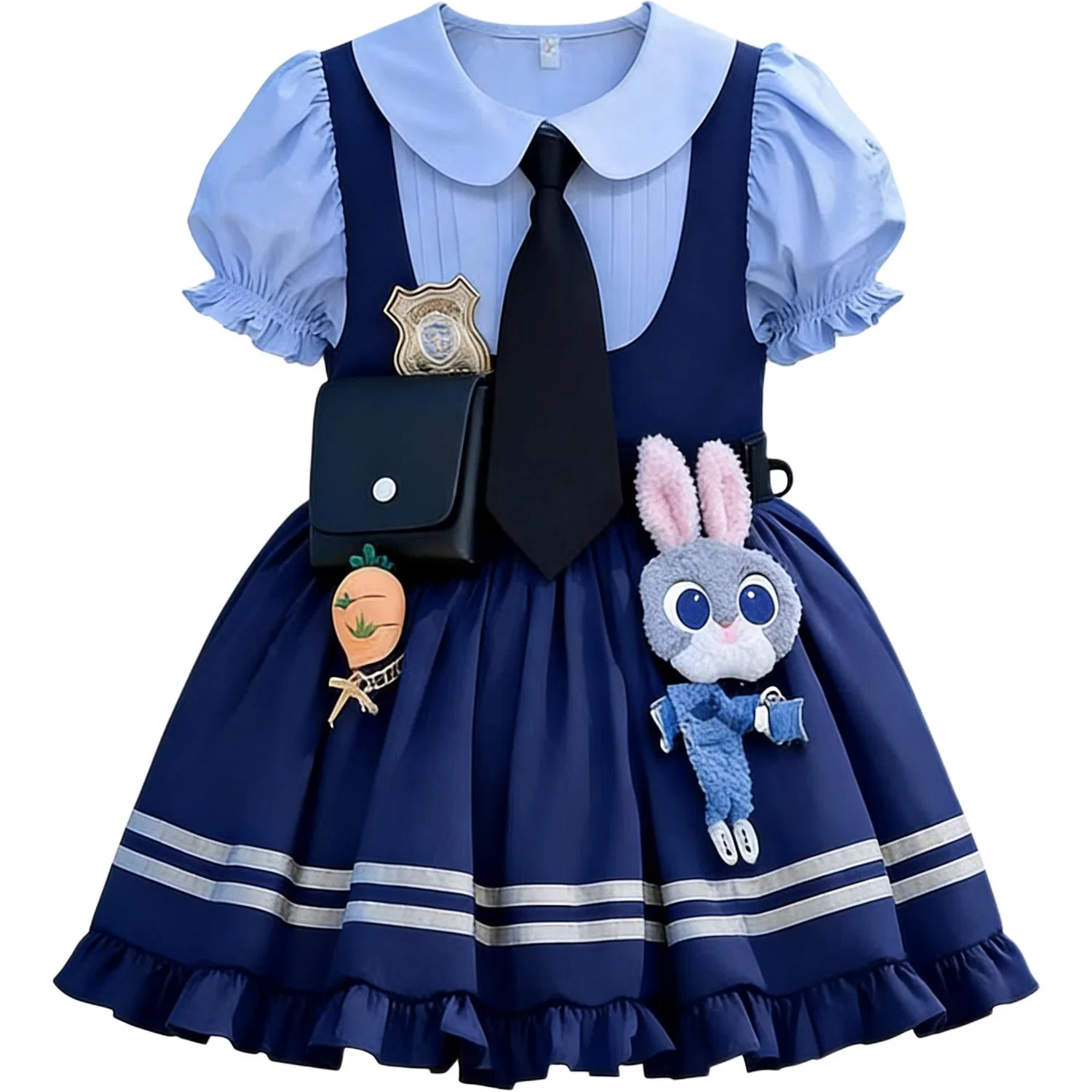 Платье детское с отложным воротником тонкое миди Disney, Short-Sleeved Skirt+Petticoat+Headband+Belt Bag Doll Pompom+Socks