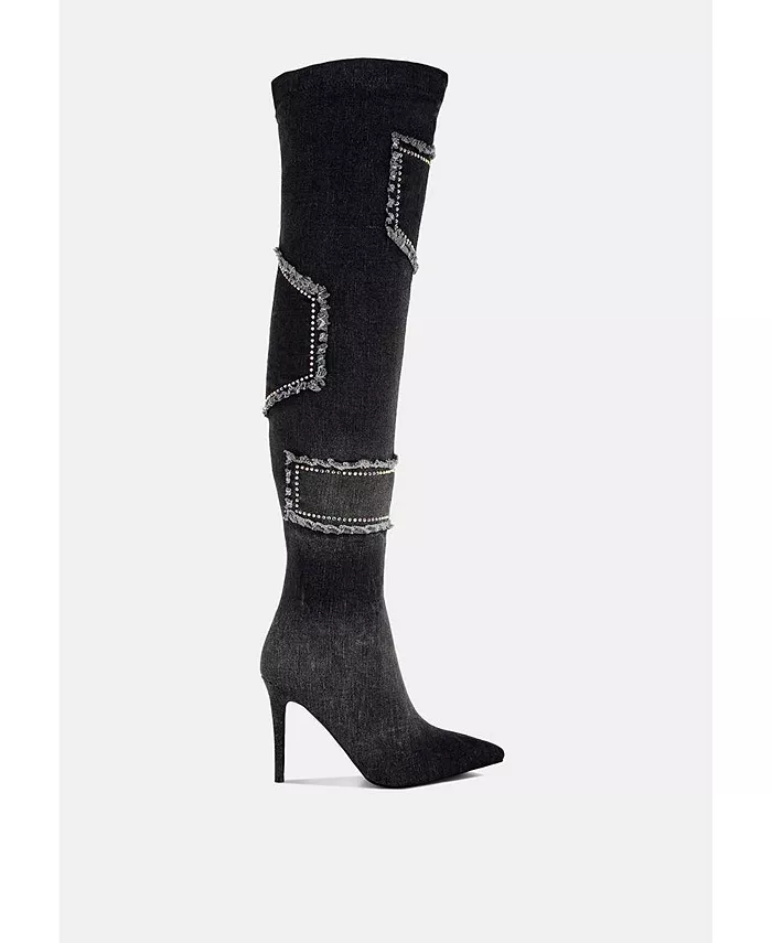 Ботфорты Eilish Rhinestones из денима с камнями London Rag, черный