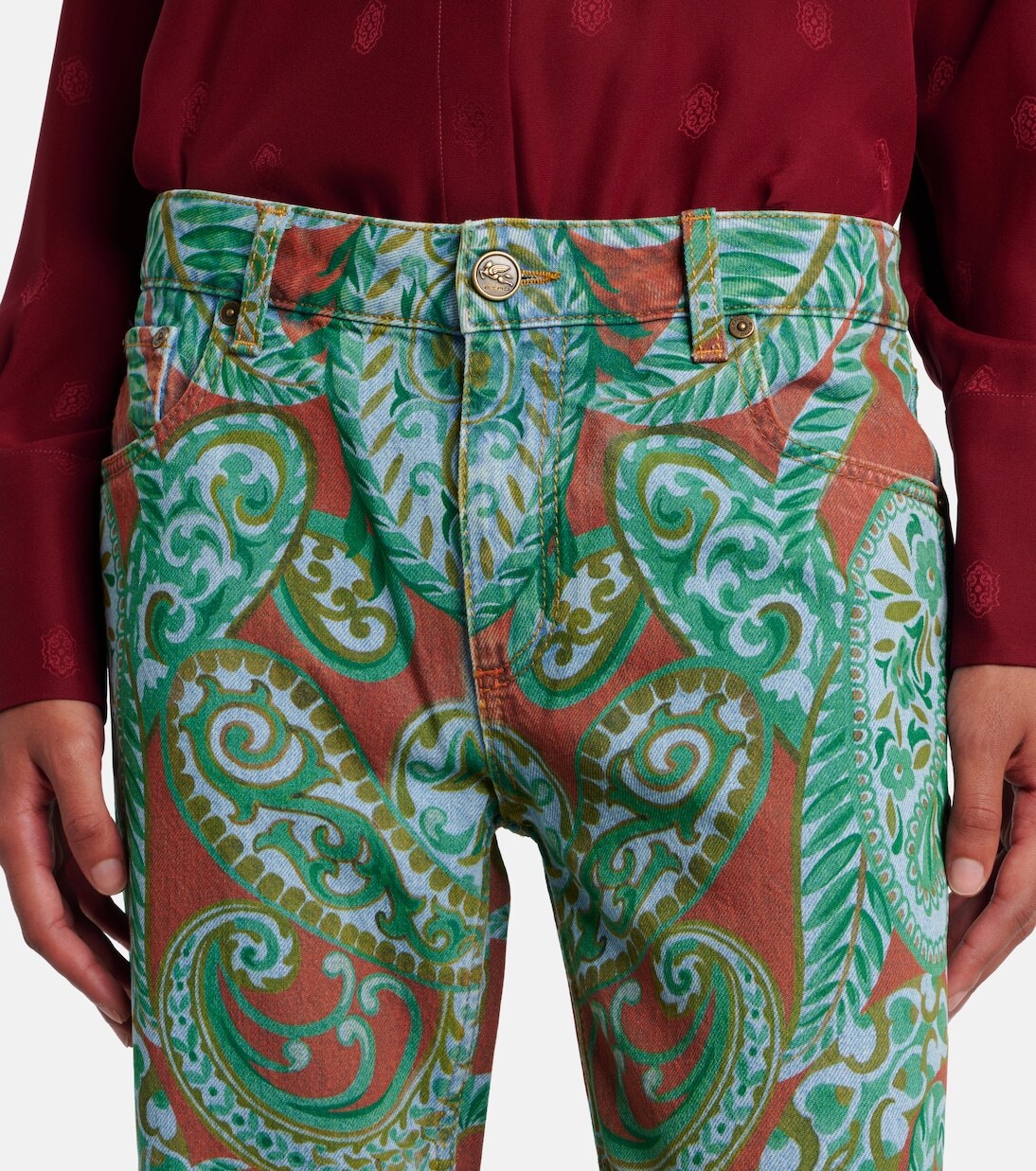 Джинсы широкого кроя с высокой талией и узором пейсли Etro, Print On Orange Base — фото 4