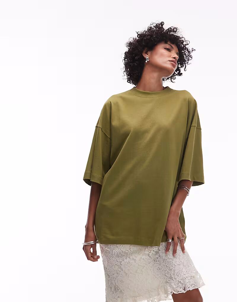 

Футболка Topshop свободного кроя с заниженной линией плеч оливково-зеленого цвета