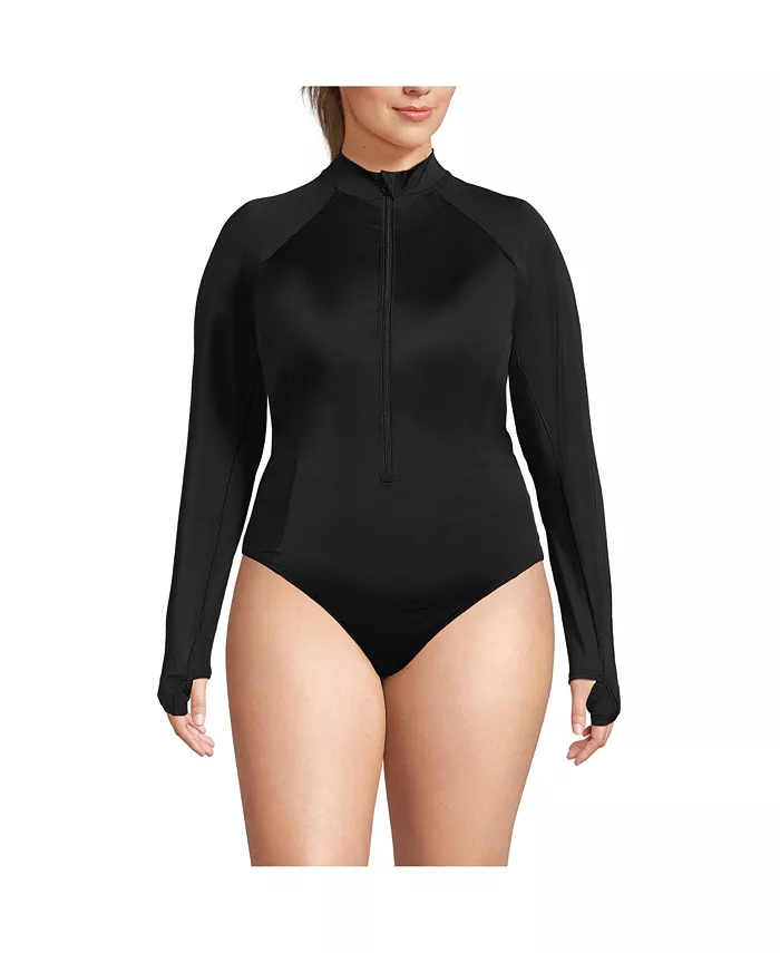 

Большой размер Tugless длинный рукав Rash Guard цельный купальник Lands' End, черный