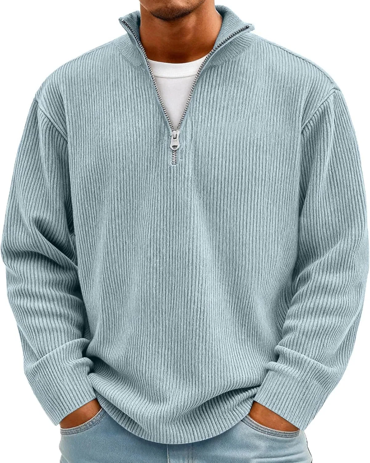Мужской свитер с воротником-стойкой, Corduroy, бренд Generic, цвет sky Blue