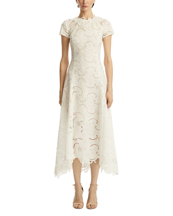 

Короткий рукав, платье дневное с гипюром Scroll Oscar de la Renta, белый