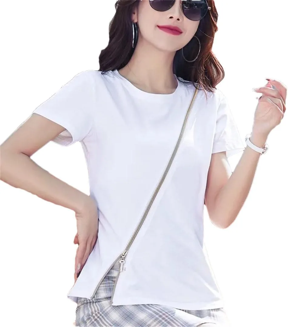 

Женская футболка с коротким рукавом, Split Zipper Top, Cotton, Plus Size