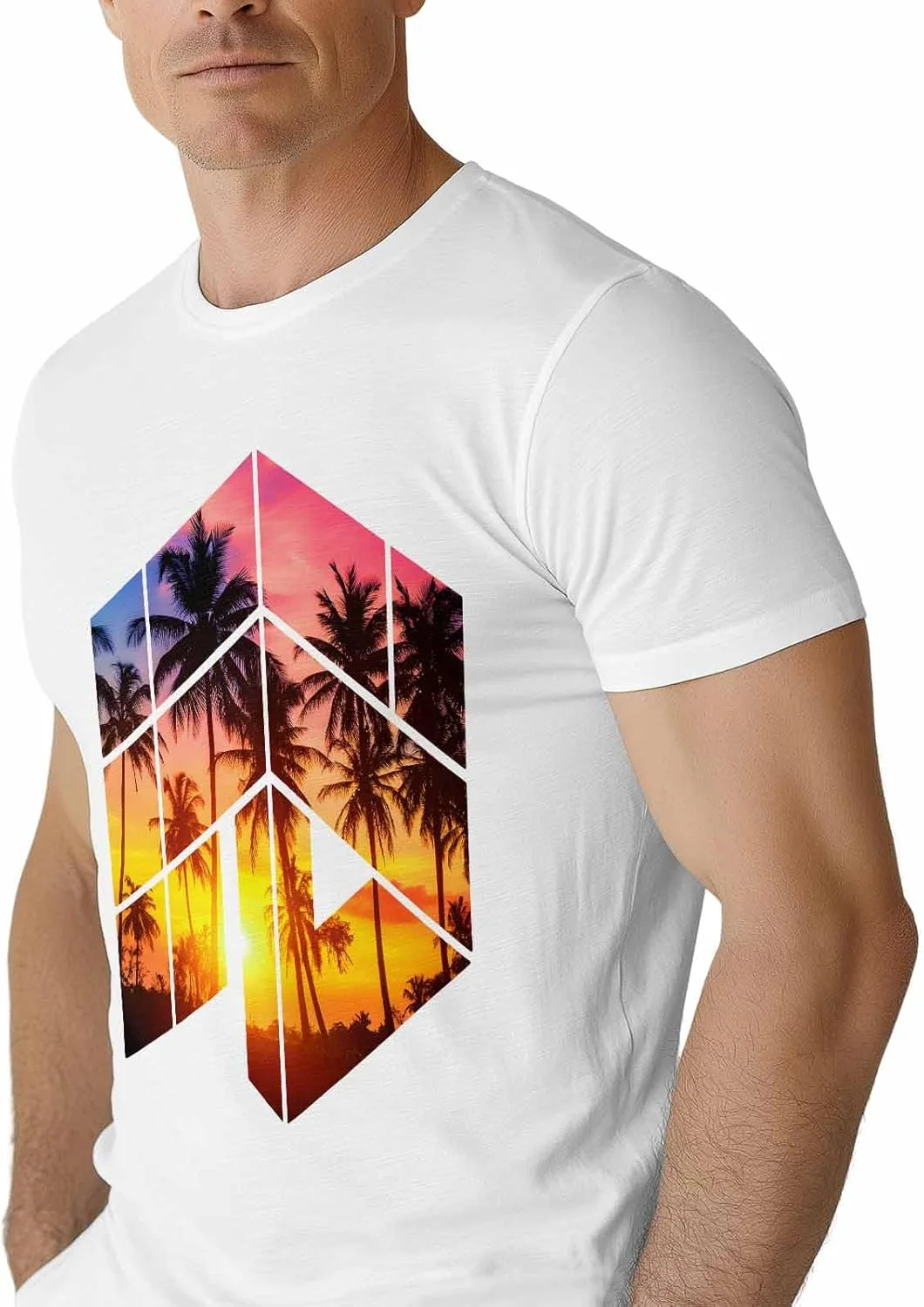 

Футболка для мужчин, Tropical Coconut Trees, Crew Neck, хлопок, короткий рукав, Sunset Sun NITBANLA