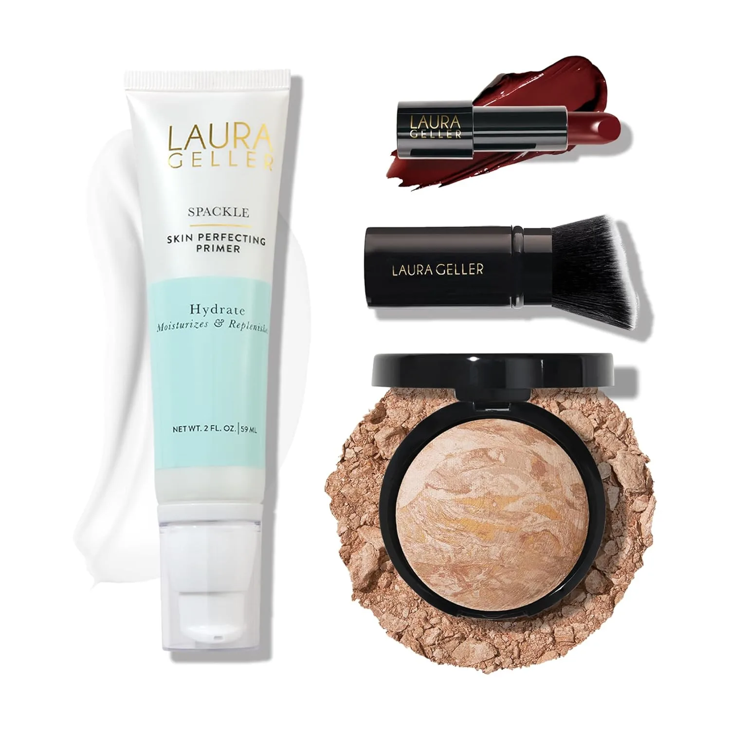 LAURA GELLER NEW YORK Effortless Essentials Kits (4 предмета): Baked Balance-n-Brighten Foundation, Fair + Spackle Makeup Primer, Hydrate + Modern Classic Cream Lipstick, Berry Bliss + Kabuki