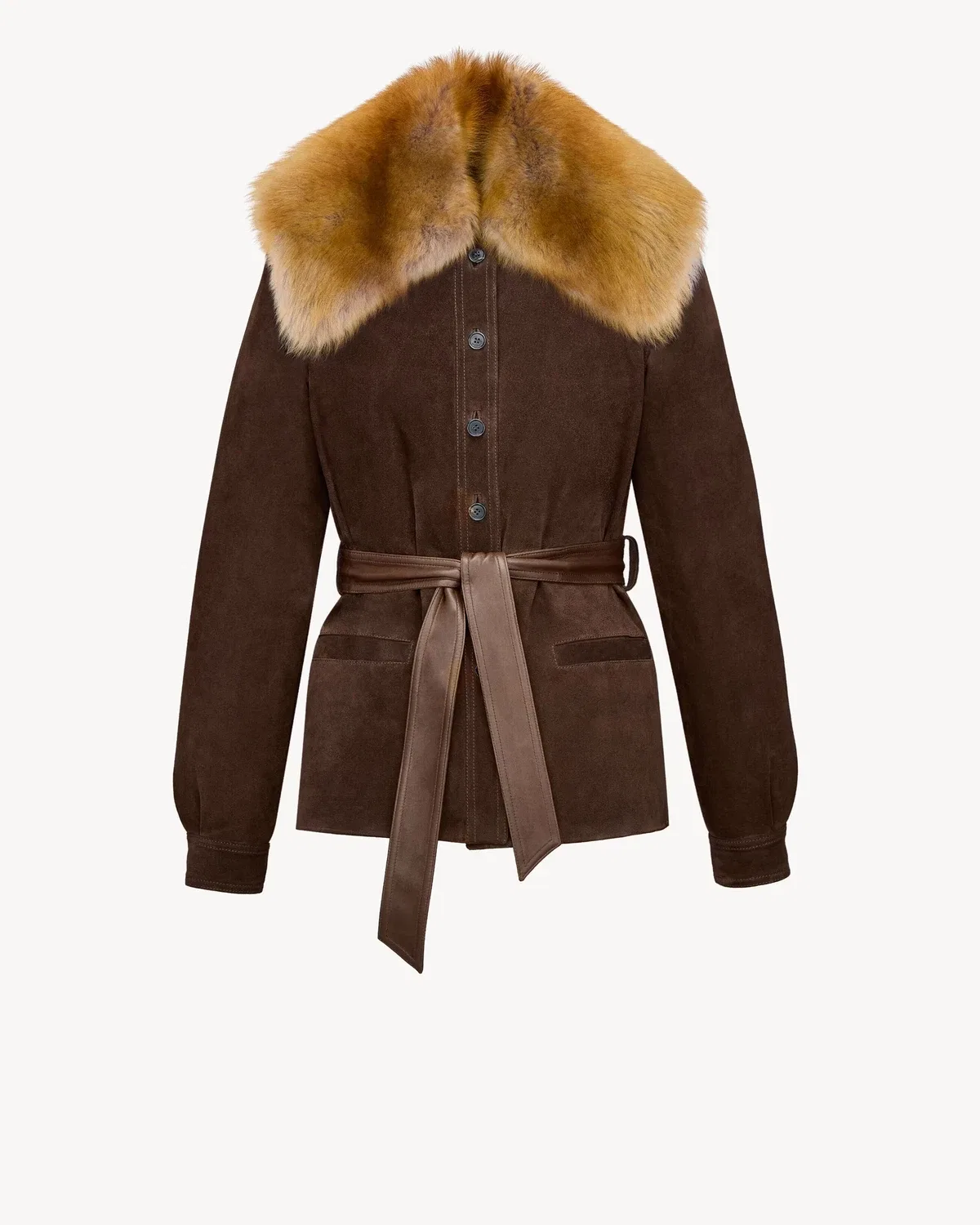 Куртка из замши и овчины с поясом Saint Laurent, коричневый