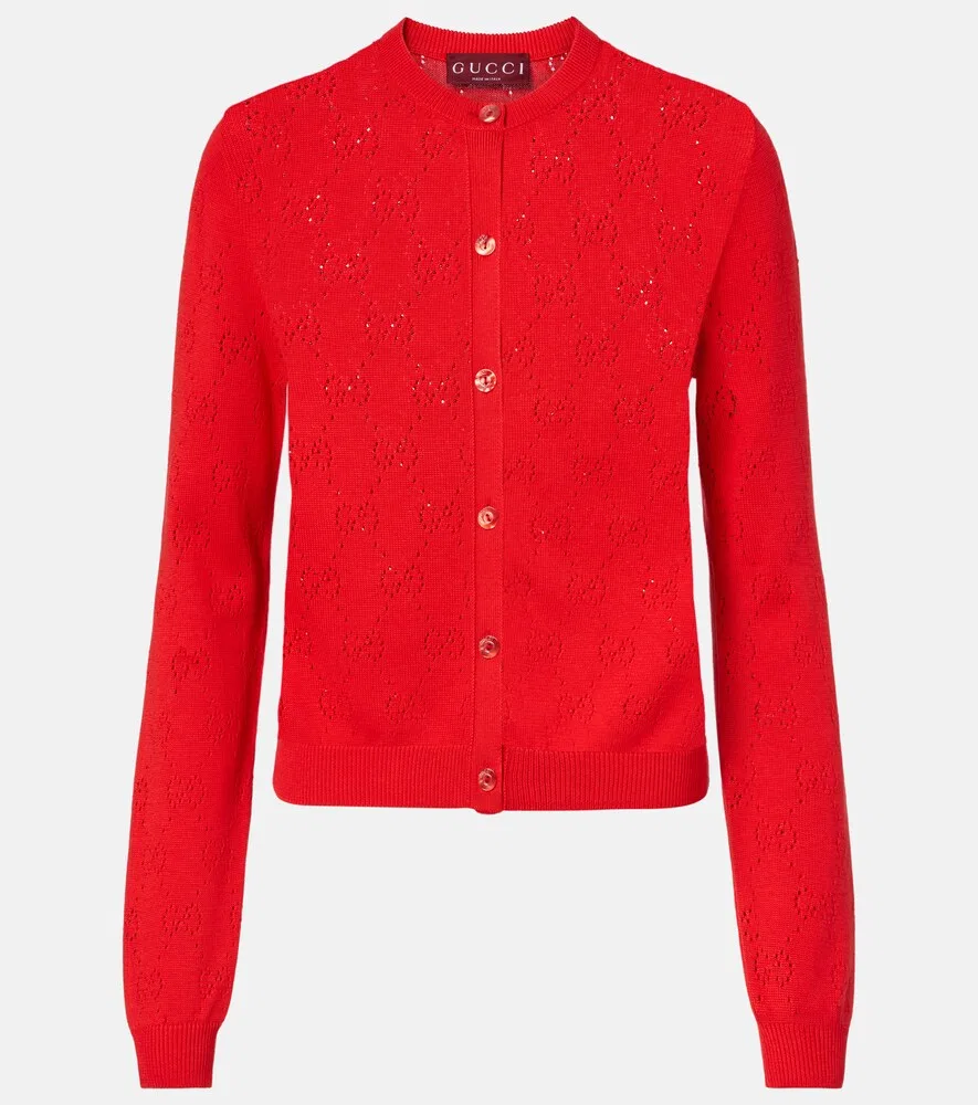 Кардиган Gucci GG из шелка и хлопка с ажурной отделкой, красный
