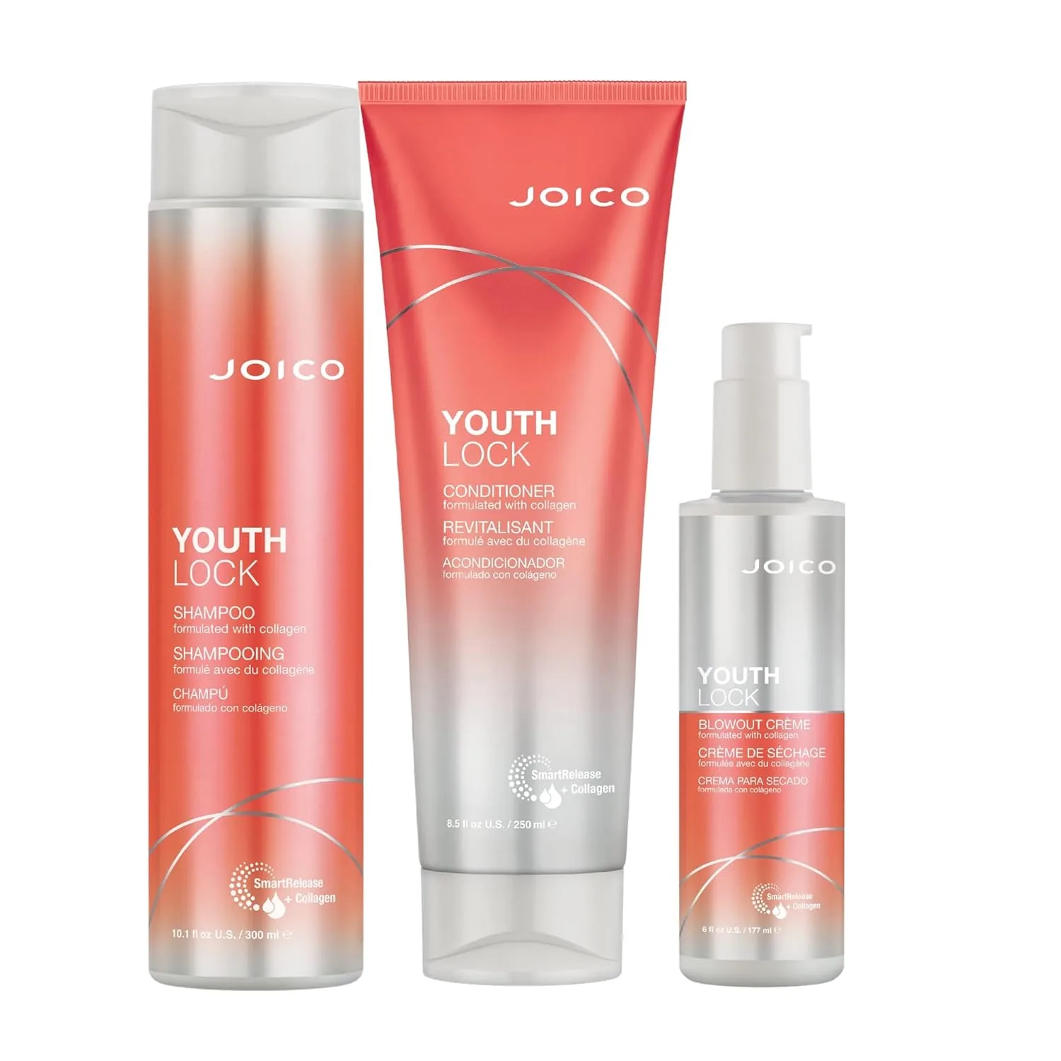 Набор Joico YouthLock с коллагеном | Придает волосам объем и упругость | Уменьшает ломкость и пушистость | Смягчает и облегчает расчесывание | Придает блеск | Без сульфатов | С аргинином