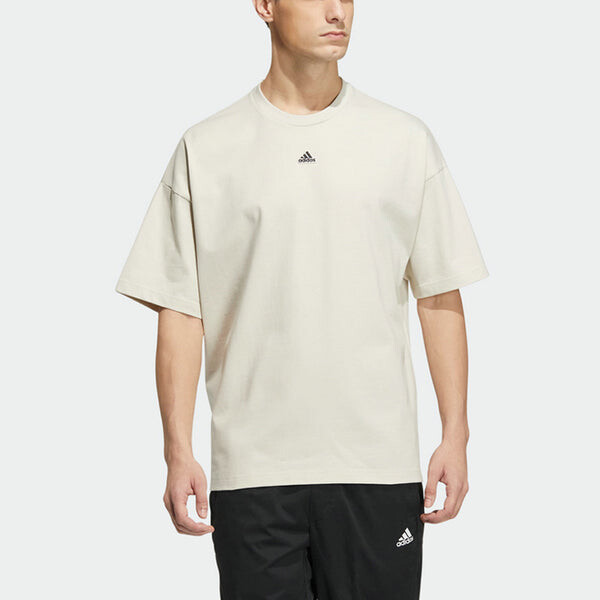 Футболка Men's adidas Solid Color Logo Loose Sports Short Sleeve Creamy White T-Shirt, мультиколор — фото 3