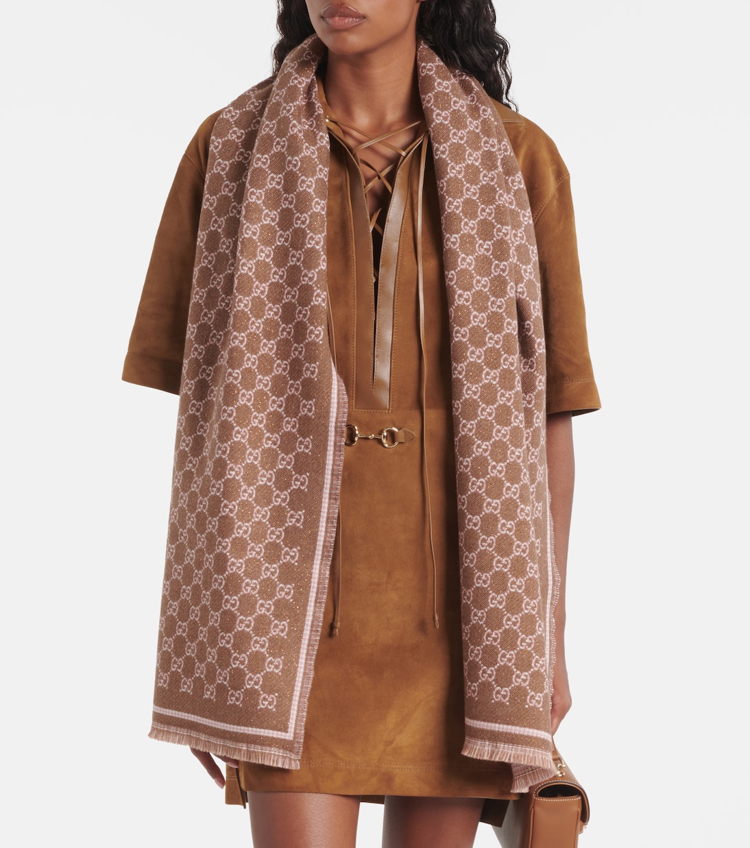 Жаккардовый шарф GG из смесовой шерсти Gucci, Brown\Pink — фото 2
