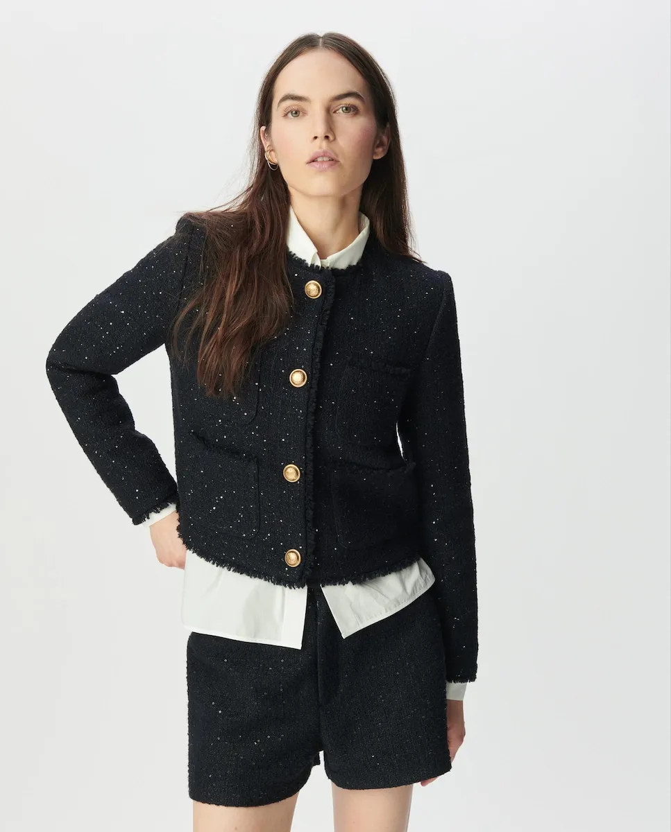 

Женская короткая куртка с эффектом твида и мини-пайетками IKKS, темно-синий