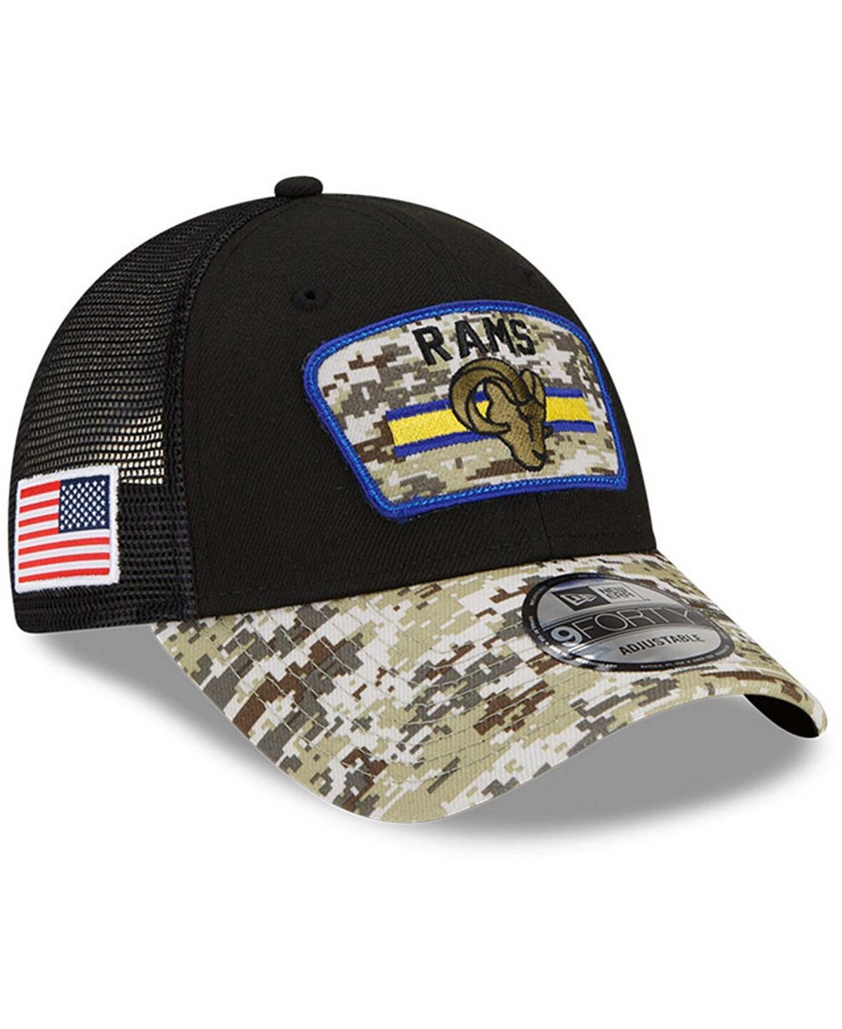 

Мужская черная камуфляжная регулируемая кепка Los Angeles Rams 2021 Salute To Service Trucker 9FORTY Snapback New Era