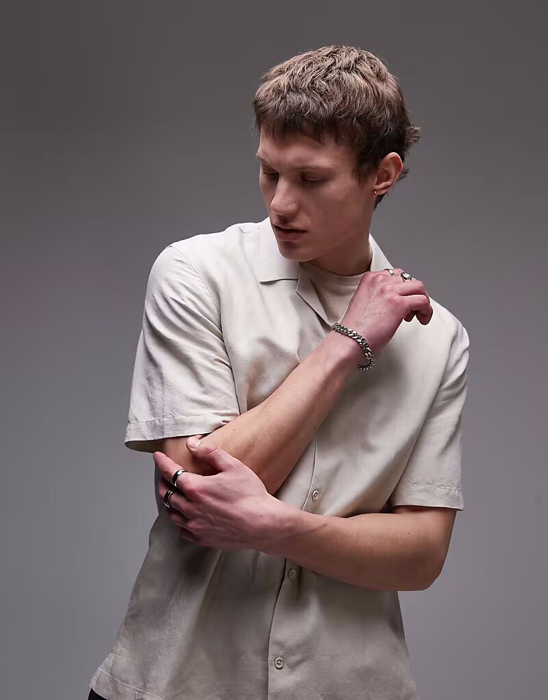 

Рубашка Topman прямого кроя с короткими рукавами из льняной смеси цвета «песок»