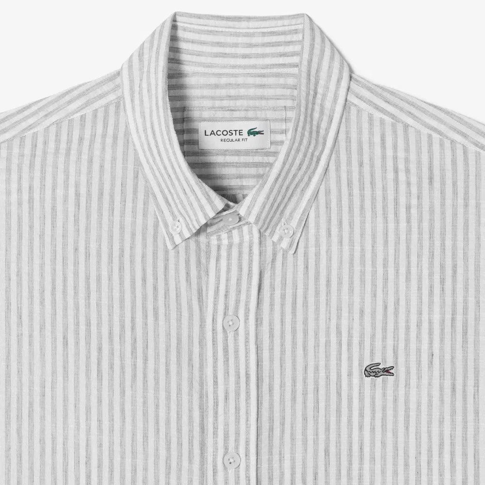 Мужская полосатая рубашка из смесового льна меланжево-серого цвета от Lacoste — фото 3