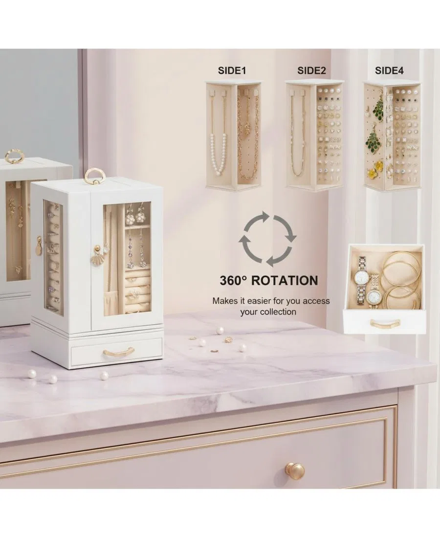 Большая шкатулка для ювелирных изделий с выдвижными ящиками, отделениями, крючками и прорезями, вращающаяся на 360 градусов, подкладка из искусственной кожи, прозрачное окошко Yigii, белый — фото 3