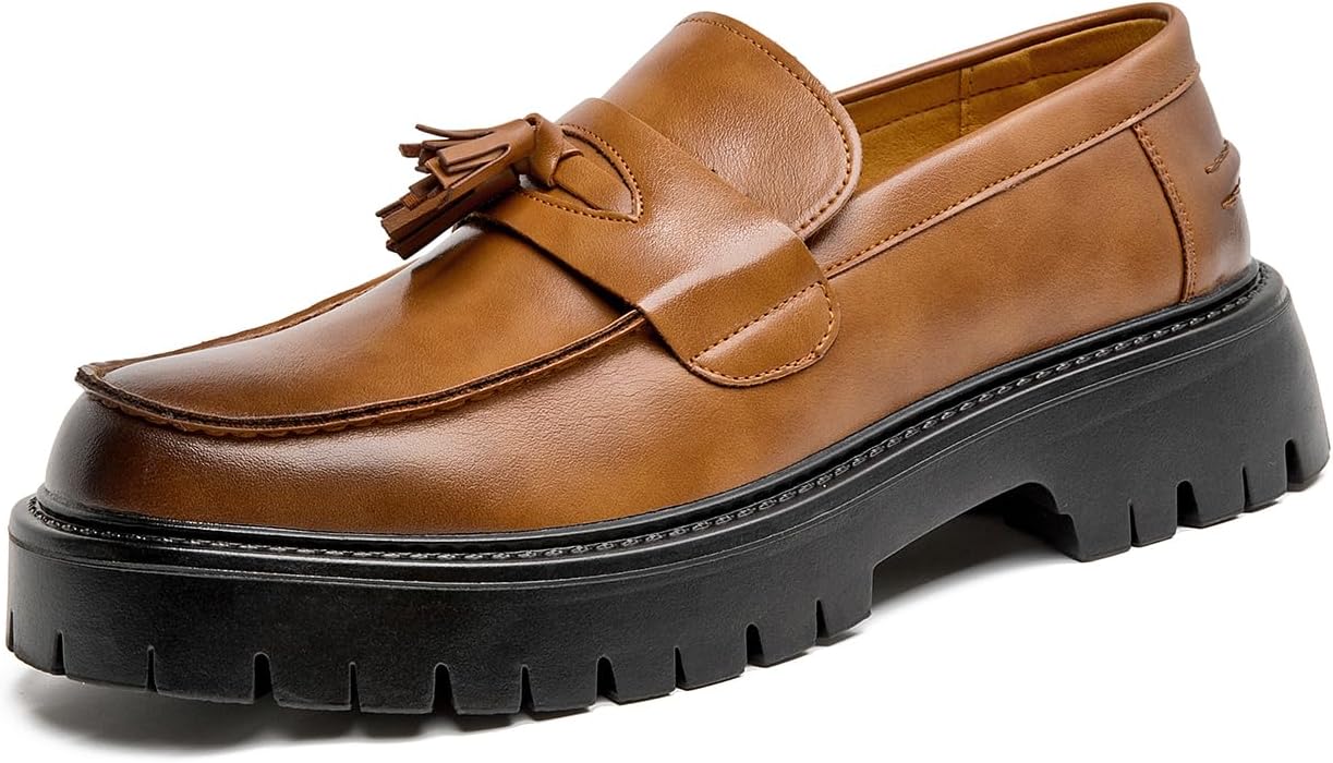 

Мужские черные лоферы на платформе из лакированной кожи с кисточкой, без шнурков, с противоскользящей подошвой, круглым носком и классическим дизайном для работы, бизнеса и повседневной носки Zghnp