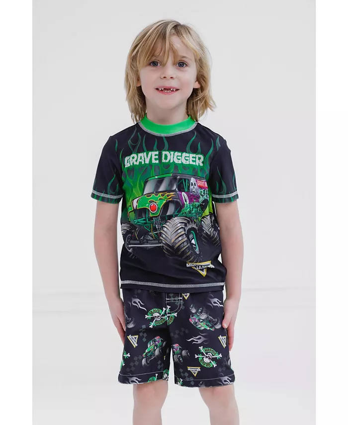 Детский комплект для плавания: худи-рашгард и шорты Boys Pullover Rash Guard and Swim Trunks Outfit Set Monster Jam, зеленый — фото 2