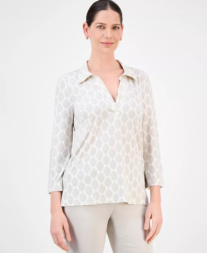

Женская блузка с принтом и воротником, с рукавом 3/4 JM Collection, коричневый/бежевый
