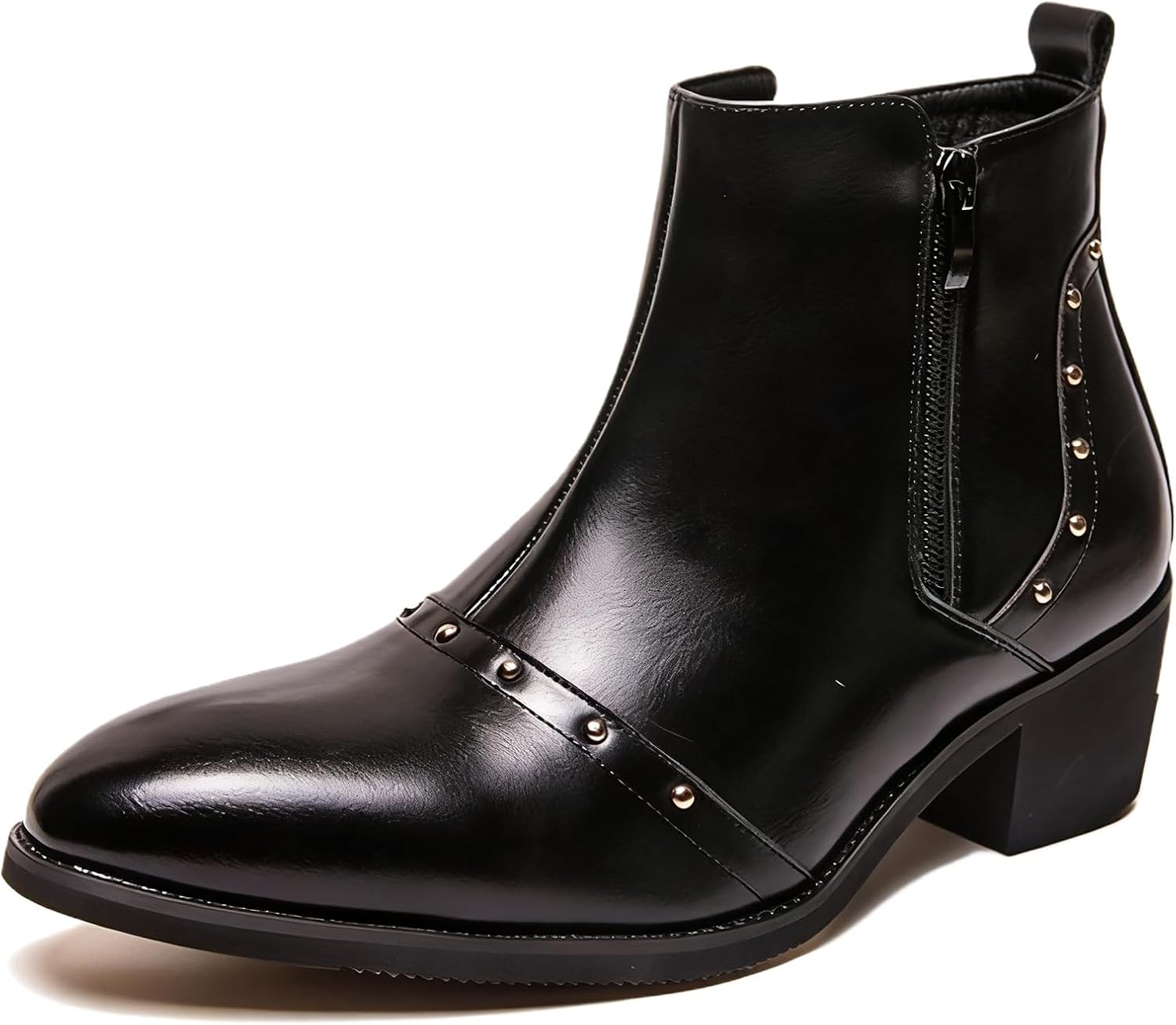 

Мужские кожаные челси с заклепками, на массивном каблуке, с боковой молнией, модный носок-кап, удобные, с нескользящей подошвой, грубый каблук, ботильоны для бизнес-офиса Oxngdmdm, черный