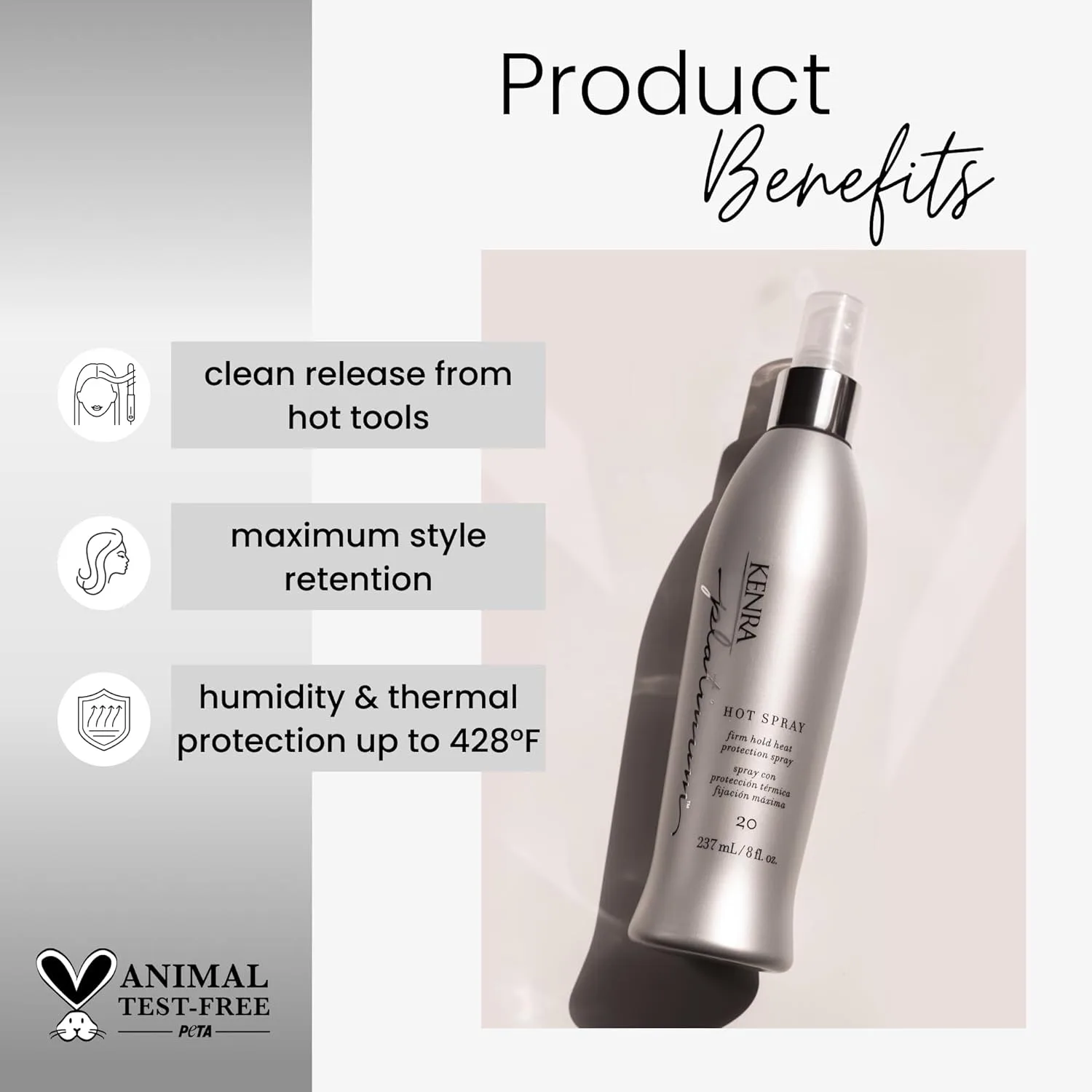 Kenra Platinum Hot Spray 20 - термозащитный спрей для укладки, стойкая фиксация, блеск, защита от влаги и высоких температур, для всех типов волос 237 мл (2 шт.) — фото 2