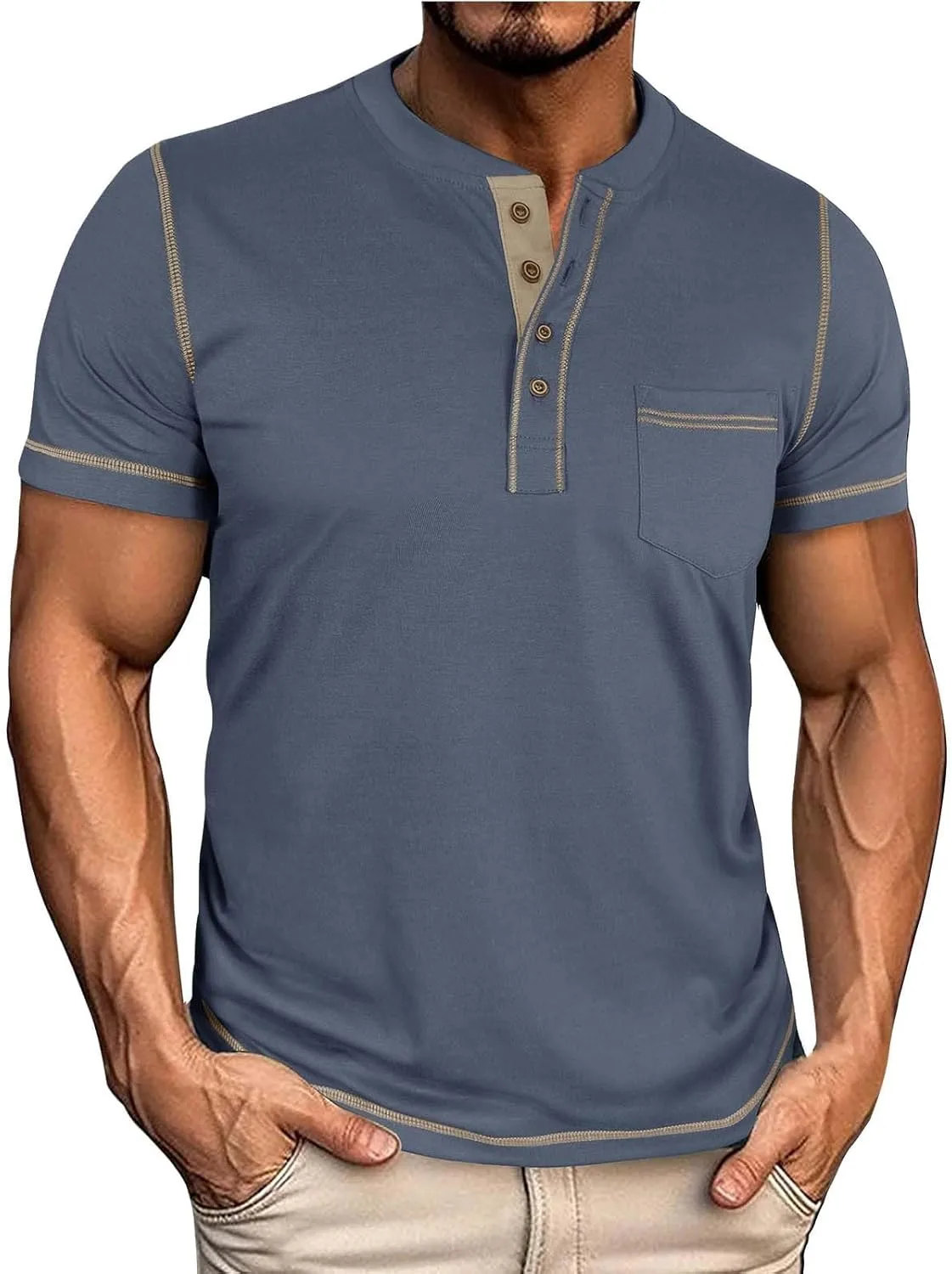 

Мужская футболка хенли с коротким рукавом, карманом и свободным кроем