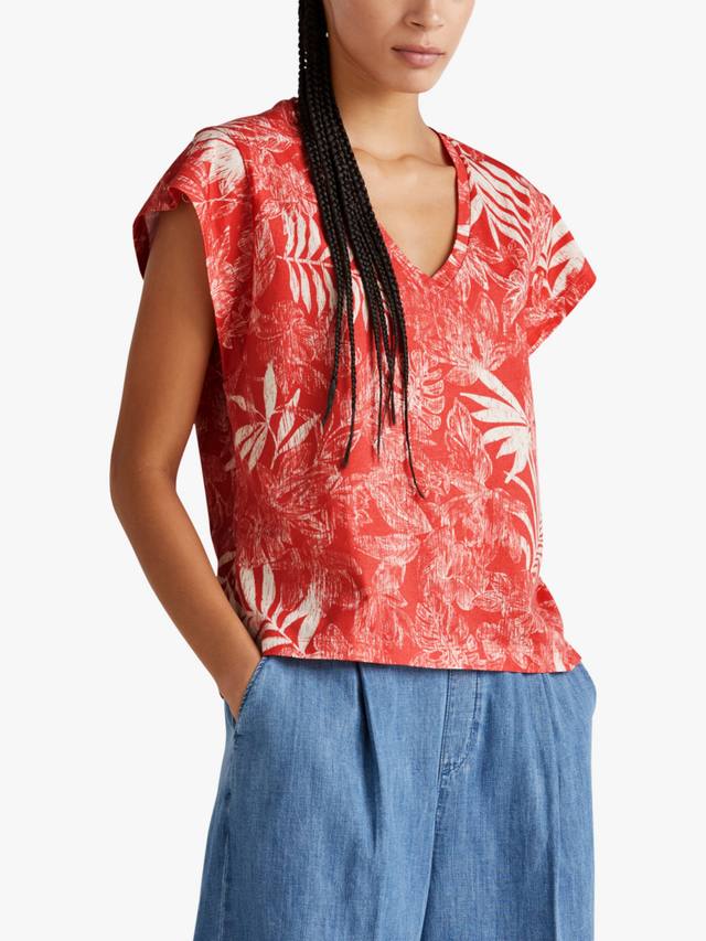 

Футболка с V-образным вырезом и принтом пальм Benetton, Red/Beige