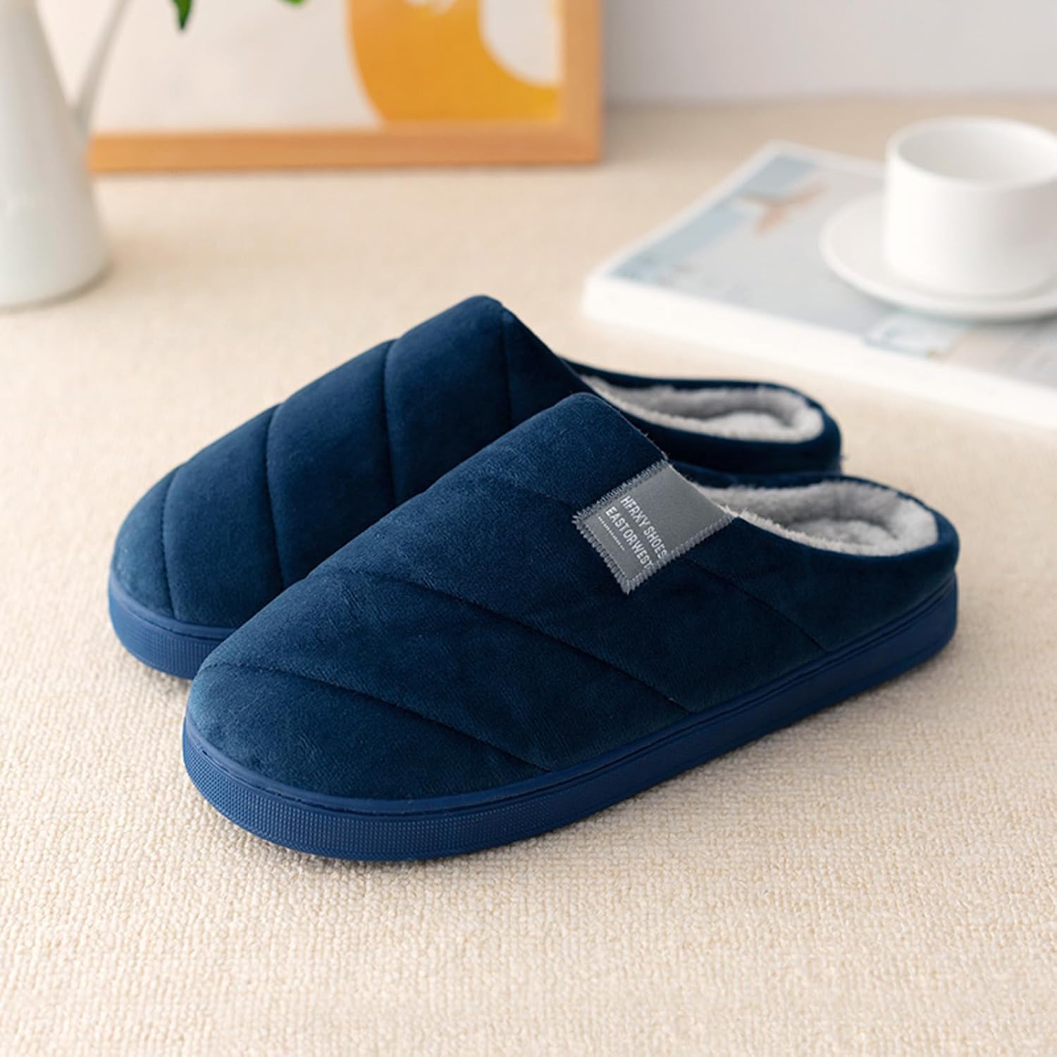 Тапочки JYSwoshoe с ворсом для женщин и мужчин, удобные домашние тапочки с памятью формы, мягкие плюшевые, теплые тапочки для дома и улицы, темно-синий — фото 3
