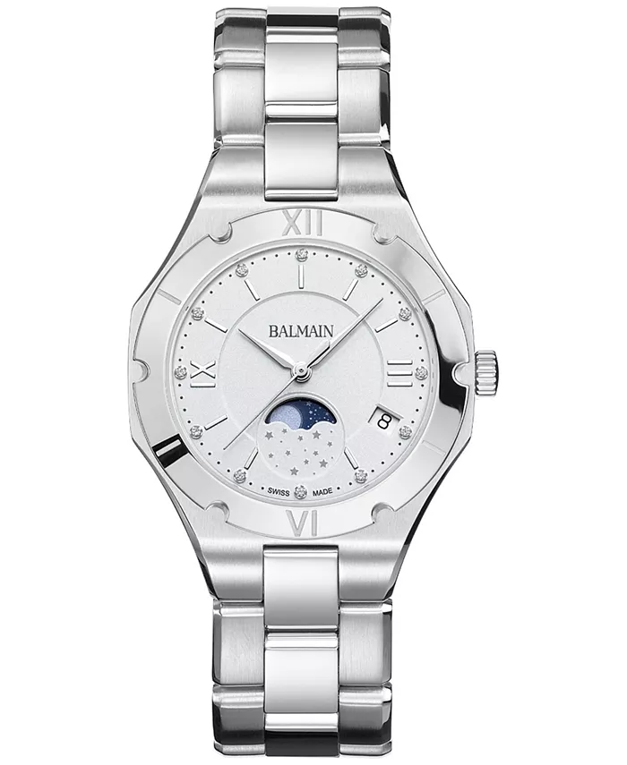 

Женские часы Swiss Be Balmain Moonphase Diamond (1/20 ct. t.w.) на стальном браслете, 33 мм