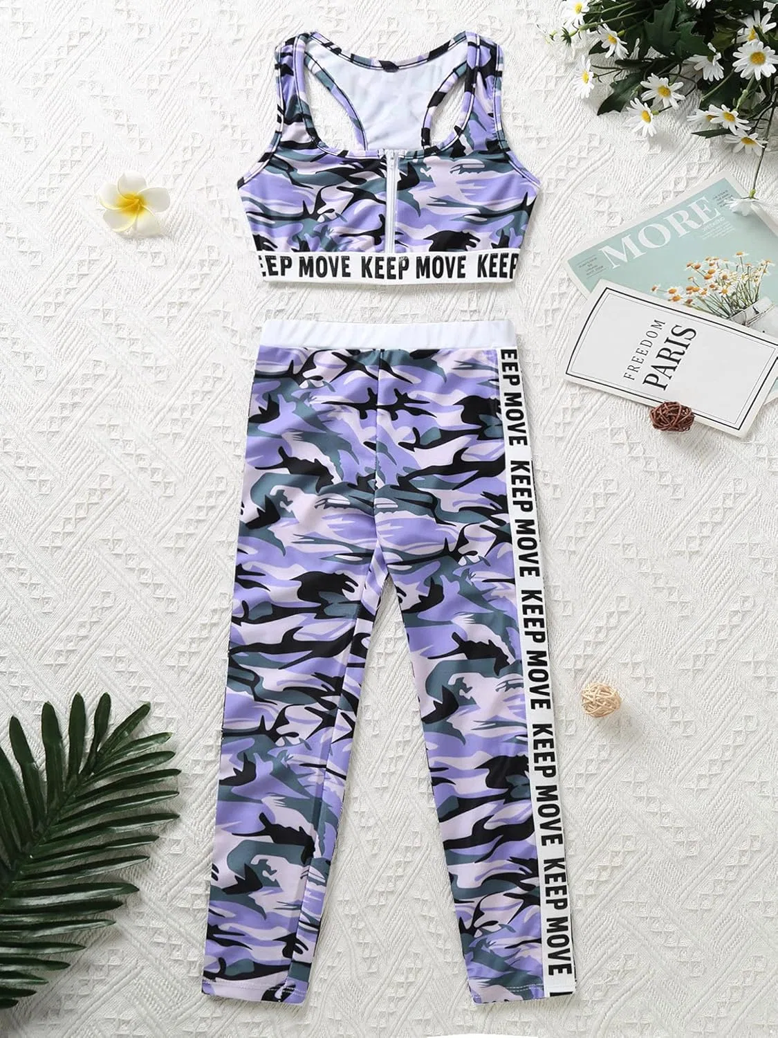 Спортивный костюм для девочек из топа и леггинсов Moggemol, Zipper-purple-camo — фото 3