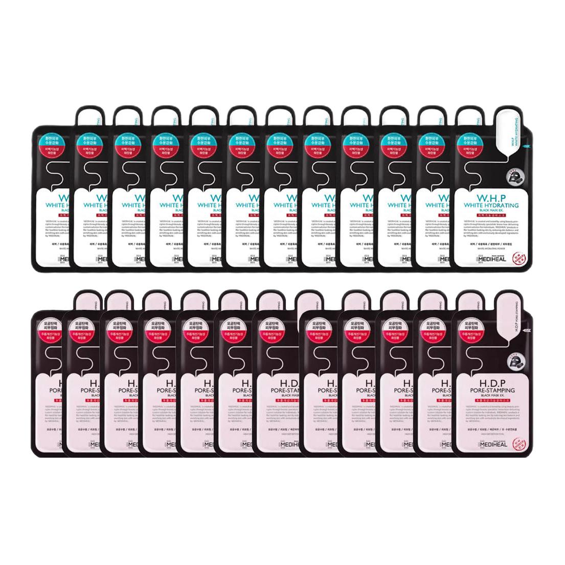 

Маска для лица Unisex MEDIHEAL, two-piece set: new hydrating moisturizing black mask 12 pcs+new minimizing pores black mask 12 sheets