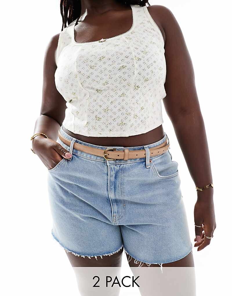 

ASOS DESIGN Curve – Набор из двух узких джинсовых ремней для талии и бедер коричнево-бежевого цвета