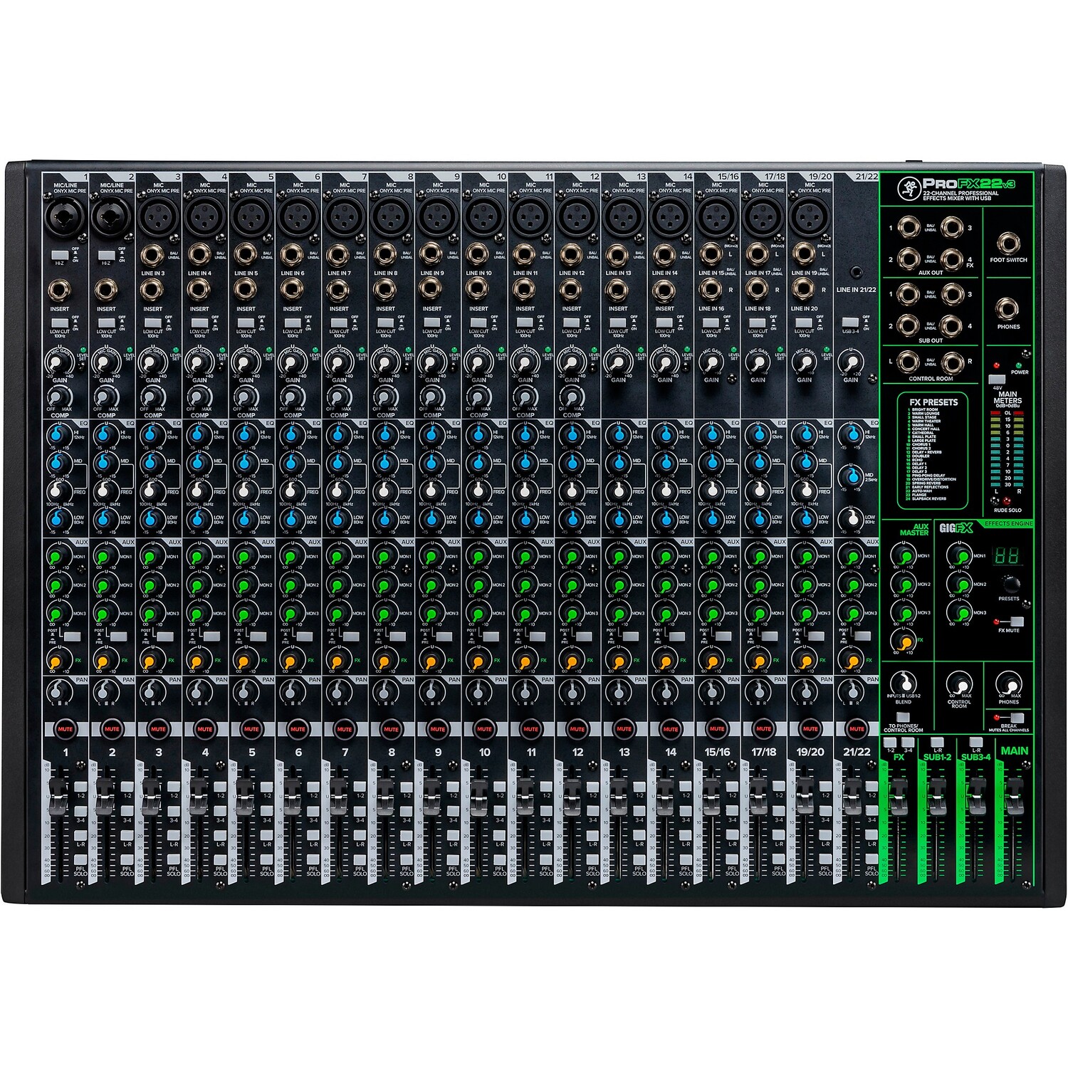 

Mackie ProFX22v3 22-канальный профессиональный микшер эффектов с 4 шинами и USB