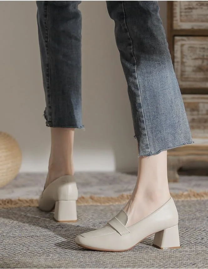 

Женские модные туфли-лоферы на высоком каблуке с квадратным носком и без шнурков для работы Generic, белый