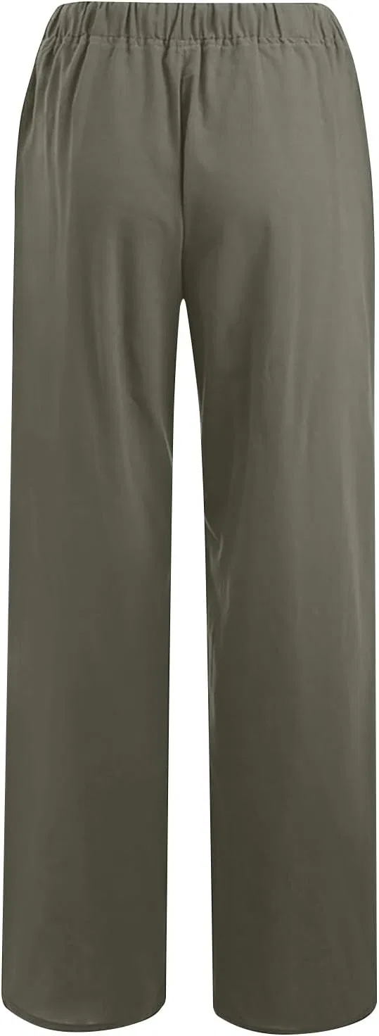 Широкие брюки палаццо женские Cotton Linen, высокие, с карманами, Army Green — фото 4